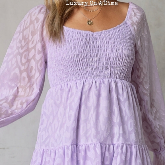 SOLD OUT at LUXONADIME.COM Leopard Dress Purple Sheer Long Sleeve Babydoll Mini - Picture 6 of 12